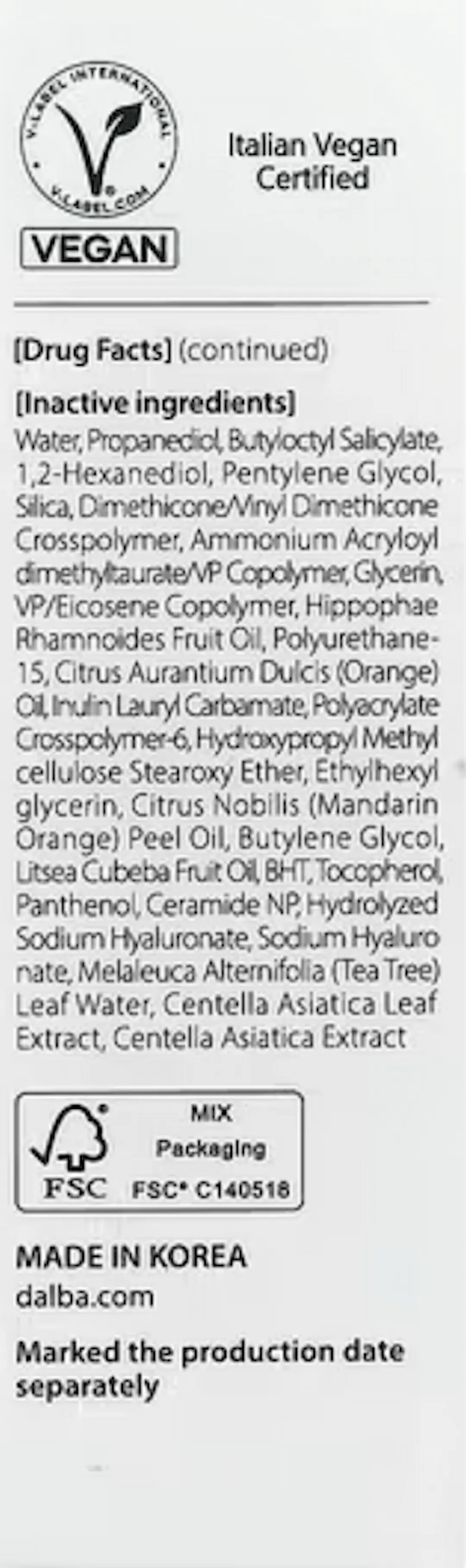 d’Alba White Truffle Waterfull Essence Sunscreen SPF 50+ package label showing full ingredient list and usage instructions on the back