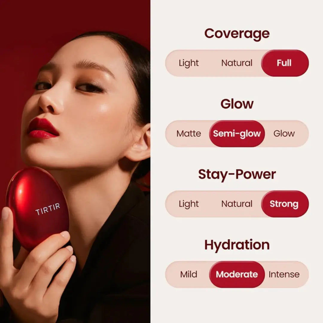 Model wearing TIRTIR Mask Fit Red Cushion #23N Sand with natural glow