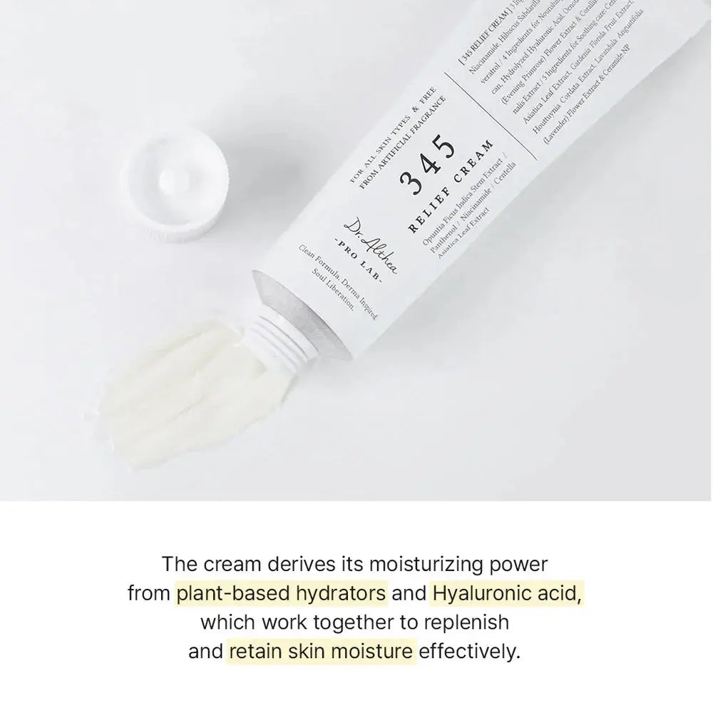 Dr. Althea 345 Relief Cream key benefits infographic - soothes redness, fades dark spots, repairs barrier, hydrates skin.