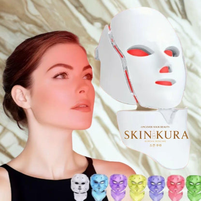 Skinkura LED Neck Mask product overview with remote control and accessories