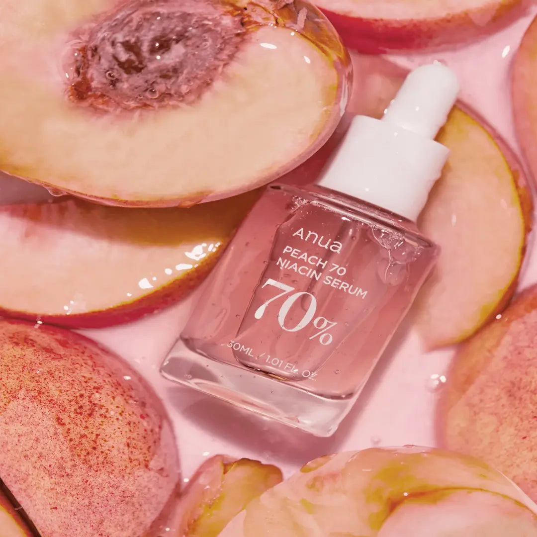 Close-up of ANUA Peach 70% Niacinamide Serum – enriched with Alpha-Arbutin, Vitamin C, Ceramide NP