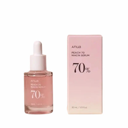 ANUA Peach 70% Niacinamide Serum with packaging box – cruelty-free Korean skincare