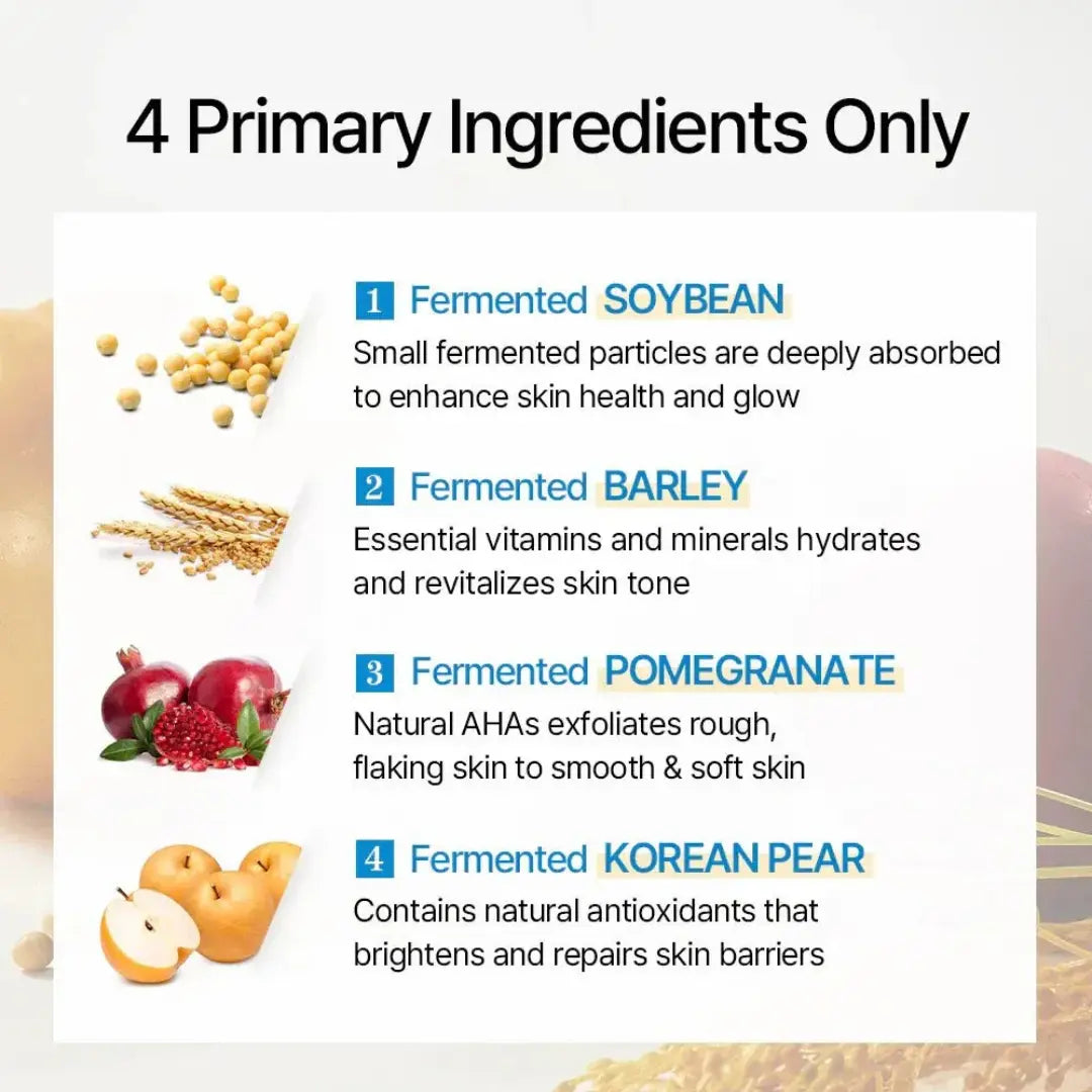 Fermented ingredients of Mixsoon Bean Essence – soy, pomegranate, barley, and pear.